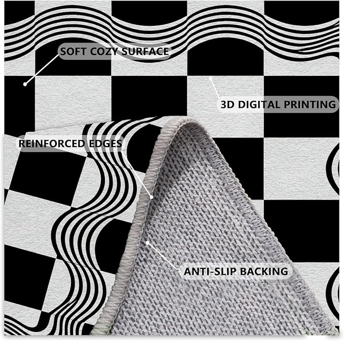Checkered Area Rug, Checkerboard Rug 5x8, Geometric Plaid Washable Rugs, Modern Checkered Area Rugs, Wavy Line Carpet Non Slip for Bedroom Retro Home Decor Mat