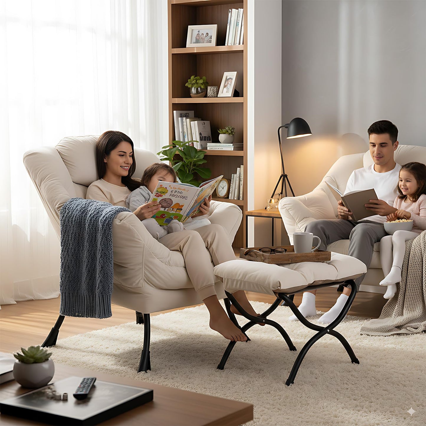 LITA Lazy Chair with Ottoman, Modern Accent Leisure Upholstered Sofa Chair, Contemporary Lounge Reading Chairs with Armrests and a Side Pocket for Living Room, Bedroom & Small Space, Beige