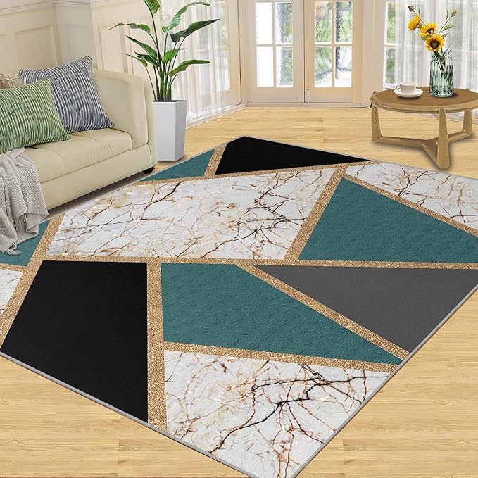 Emerald Green Marble Rug Modern Geometric Marble Area Rugs Light Luxury Geometric Striped Carpet Vintage Stone Crack Rug for Bedroom Living Room 4x5ft