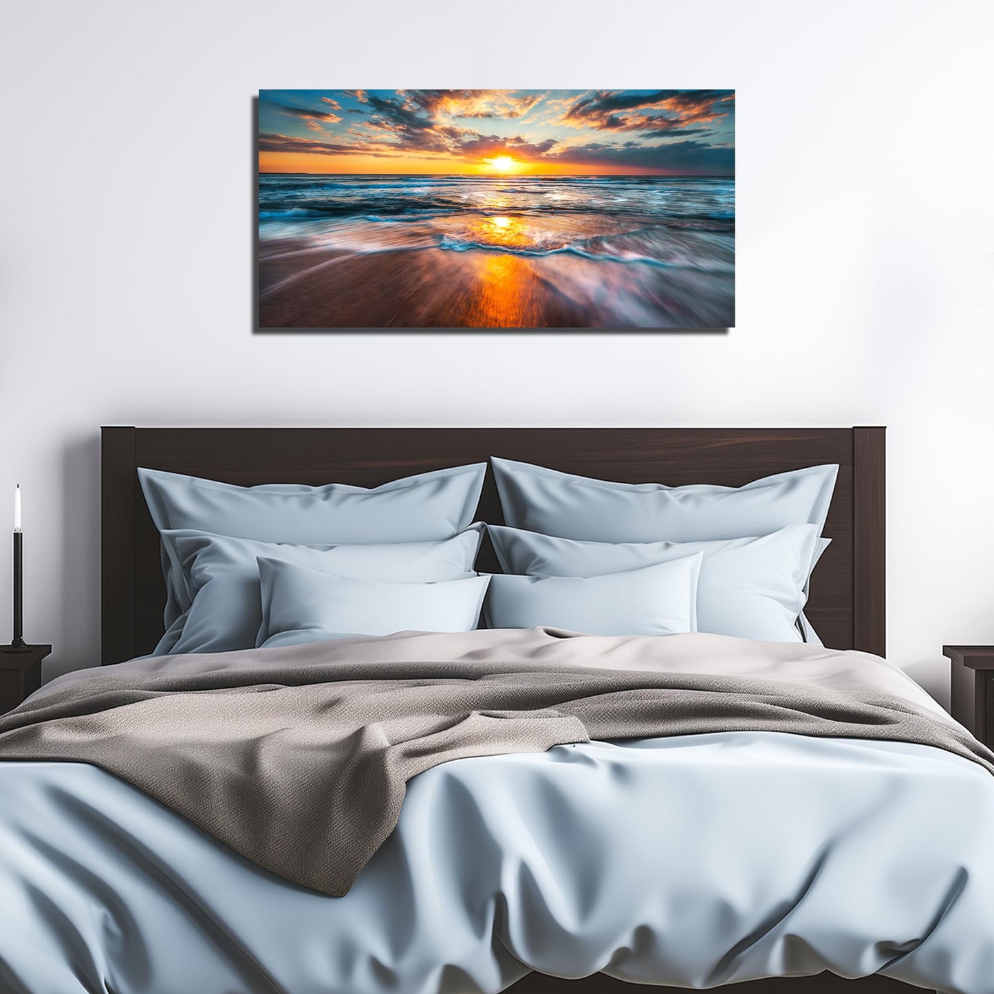 GUGIKA Sun Wall Art for Living Room, Blue Wave and Large Coastal Beach Wall-Decor for Bedroom, Gold Sun Scenery Poster Canvas Print, Size 40 x 20 Inches