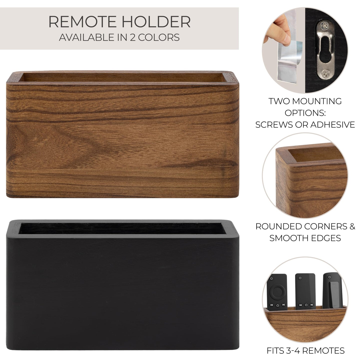 KIBAGA Premium Wooden Remote Control Holder - Easy Install Adhesive Wall Mount Caddy Keeps 3-4 TV Remotes Neatly Organized - Stylish Natural Wood Organizer is Perfect for Any Bed Or Living Room Wall