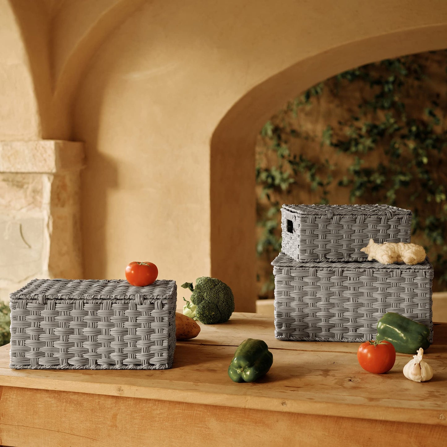 GRANNY SAYS Wicker Storage Baskets, Decorative Boxes with Lids, Set of 3 Nesting Wicker Baskets for Organizing, Gray, 3-Pack