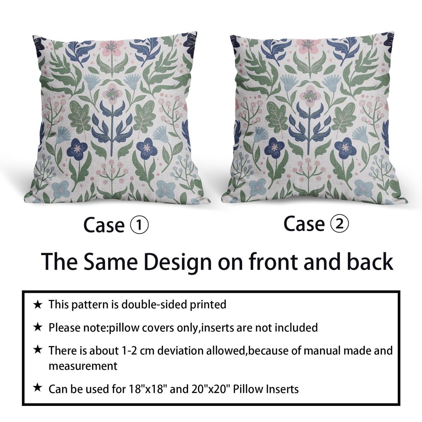 Blue Green Floral Pillow Covers 18x18 Set of 2 Navy Pink Sage Flower Flower Block Print Decorative Throw Pillowcases Outdoor Spring Summer Farmhouse Cushion Cases Decor for Home Couch Sofa Bed