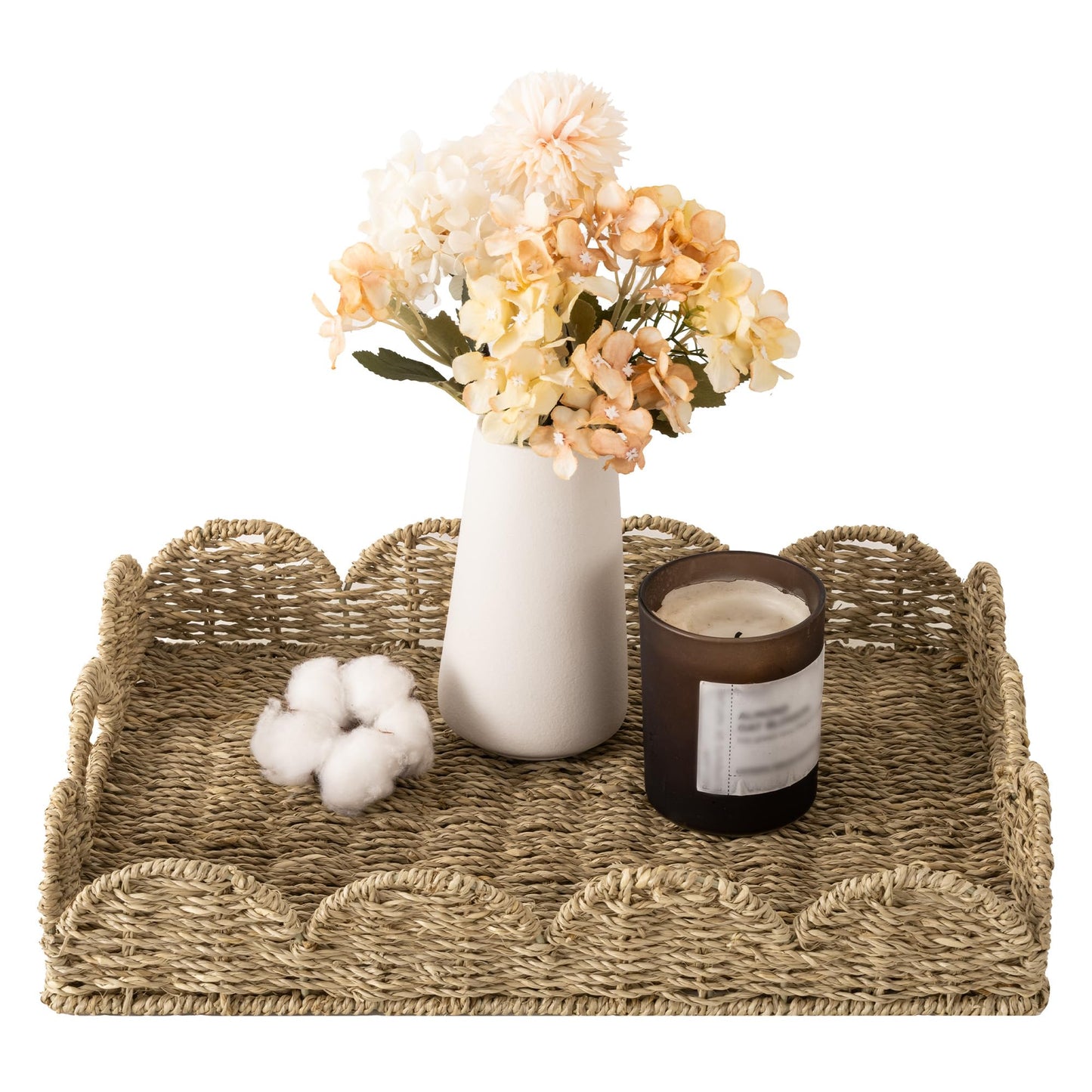 StorageWorks Rectangle Wicker Scalloped Tray, Rattan Serving Trays with Handles, Seagrass Basket for Decorative & Organizing, 15.75" L x 11.5" W x 2.75" H
