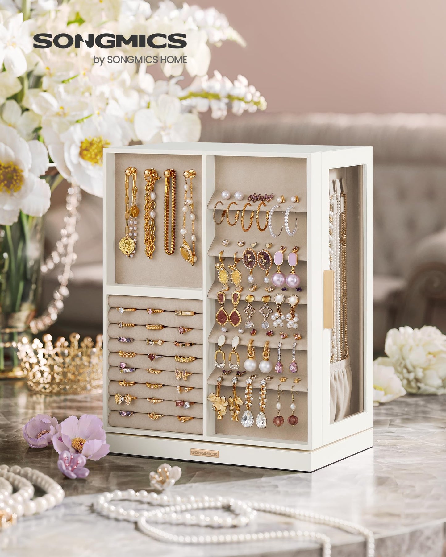 SONGMICS GISELLA Collection - Jewelry Box 360° Rotating, Jewelry Storage Case with 7 Drawers, Jewelry Organizer, Glass Window, Open Design, Great Gift, Light Warm White and Light Camel UJBC201W01