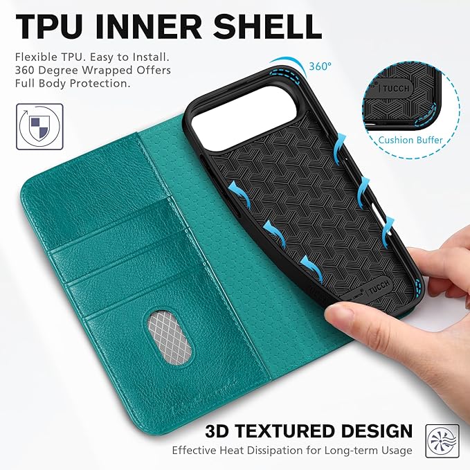 TUCCH Case Wallet for iPhone Air (6.5-Inch) 2025, 3 Card Slots | Kickstand | RFID Blocking | PU Leather | Protective Flip Folio Cover | TPU Shockproof Interior Shell | Cyan