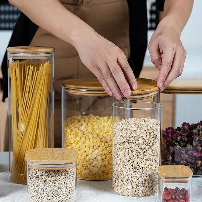 D2scrma 108oz 42oz Straight cylindrical Airtight Storage Jars with Bamboo Lid Set of 2 Large Storage Container Gallon Glass Jars, for Flour, Pasta and Coffee bean (with Black Lable)