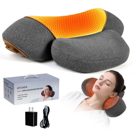 GIFEY 3-in-1 Rechargeable Neck Massager Pillow with Heat, Vibration & Traction, Deep Tissue Pain Relief, Neck Hump Corrector & Cervical Support for Home Office Travel (Light Gray)
