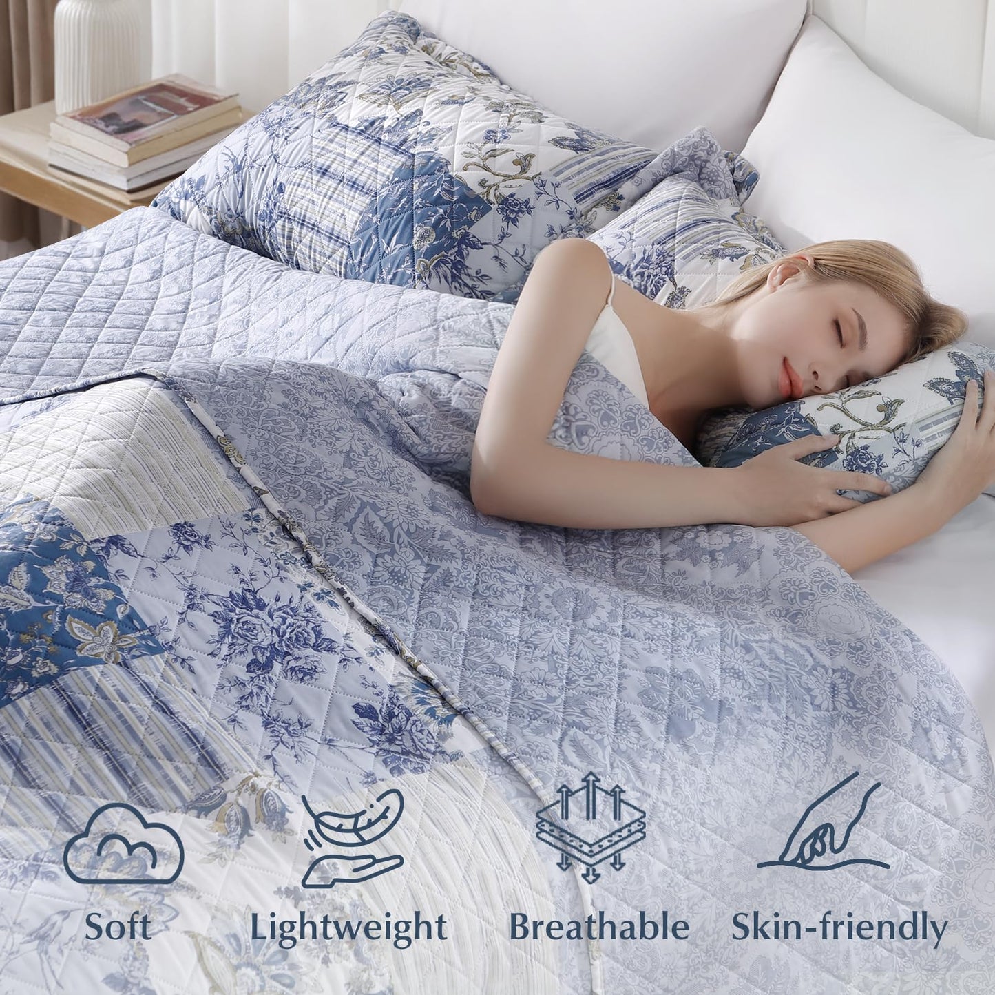 GOONE XL Queen Quilt Set 90"x96", Reversible Blue Floral Boho Queen Size Quilt Bedding Set, Lightweight Spring & Summer Farmhouse Bedspread, Coverlet Quilts Queen Size with 2 Pillow Shams