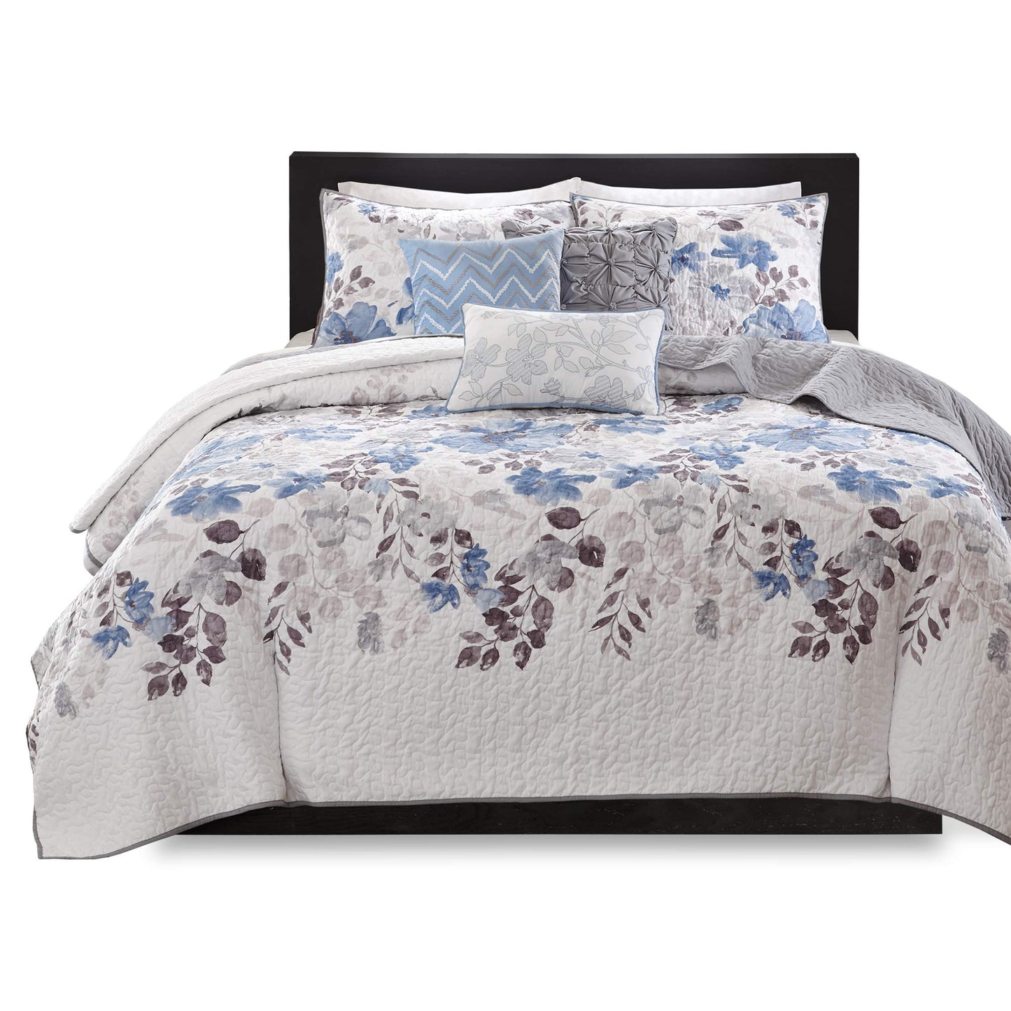 Madison Park Luna Quilt Modern Classic Design All Season, Breathable Coverlet Lightweight Bedding Set, Matching Shams, Decorative Pillow, King/Cal King(104"x94"), Floral Blue 6 Piece