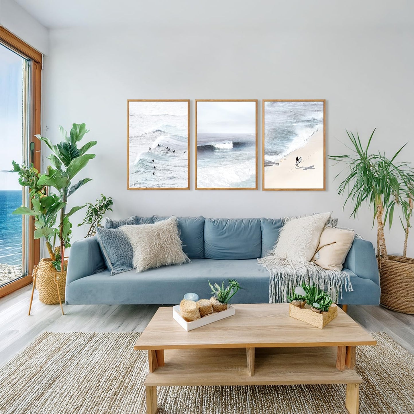 CHDITB Ocean Wave Surf Framed Canvas Wall Art Set Of 3, Minimalist Coastal Wall Decor, Nature Inspired Seascape Wall Painting, Neutral Surfboard Beach Art Prints for office Bedroom Decor (12x16 Inch)