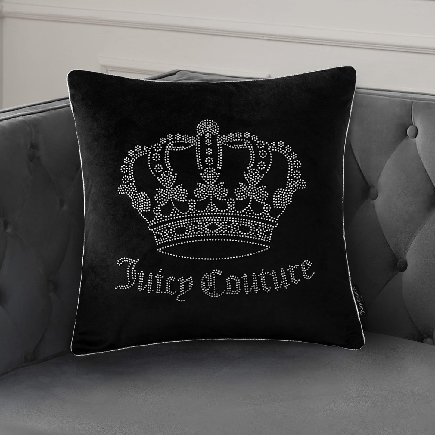 Juicy Couture Square 1-Piece Living Room and Bedroom Décor, Premium Throw Pillow, 20"x20", Black Rhinestone Crown