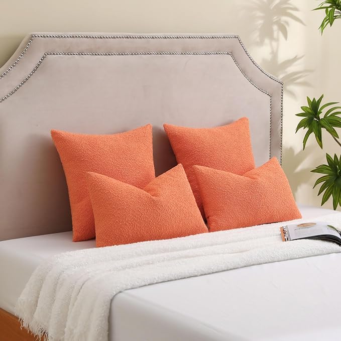 FUTEI Pack of 2 Orange Decorative Throw Pillow Covers 20x20 Inch Soft Cozy Solid Boucle Textured Cushion Case,Modern Home Decor for Couch Bed Living Room