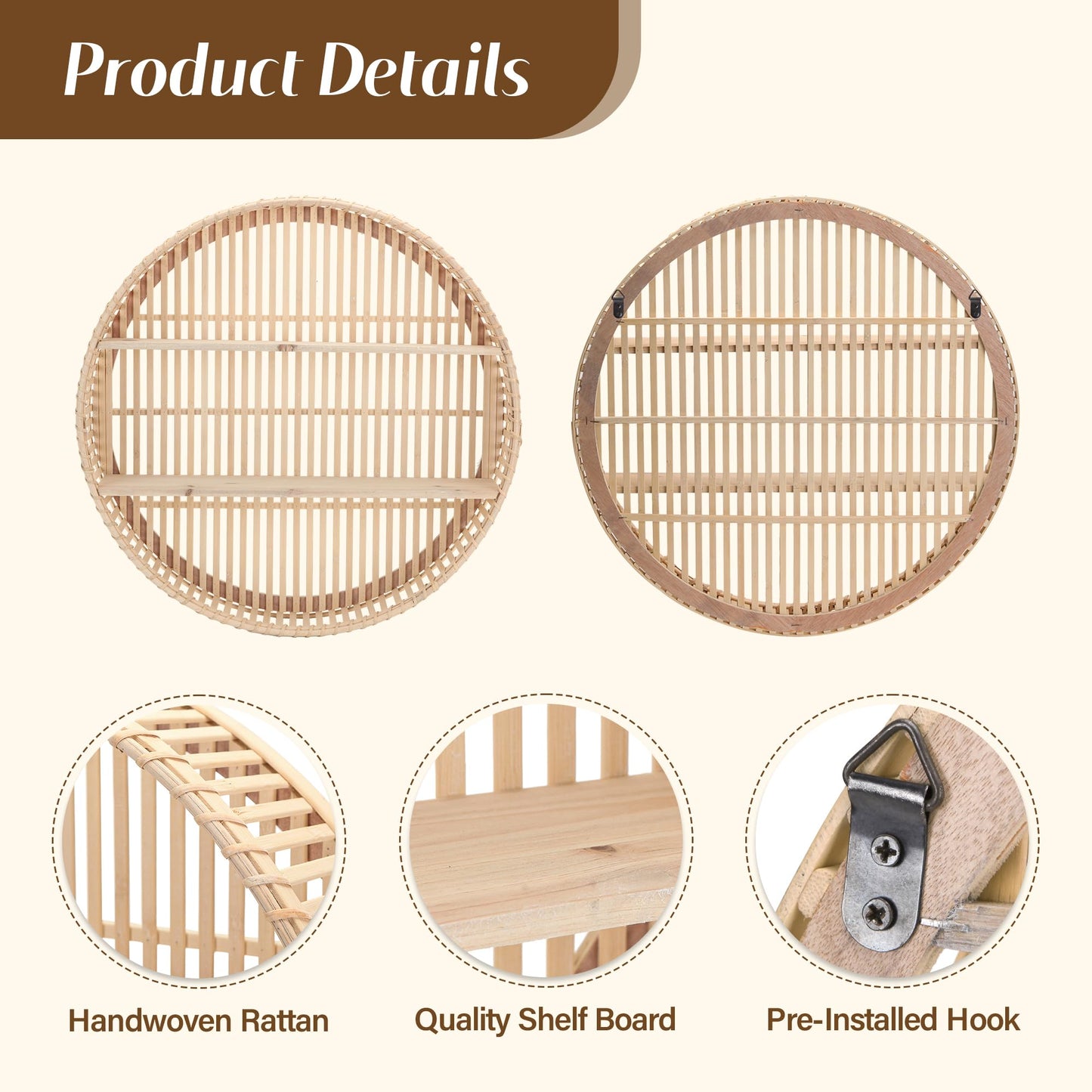 Synovana Rattan Wall Shelf 3 Tier Boho Wall Mounted Shelf Farmhouse Handcraft Round Floating Shelf Display Rack Storage Circular Hanging Shelf for Livingroom Home Decor