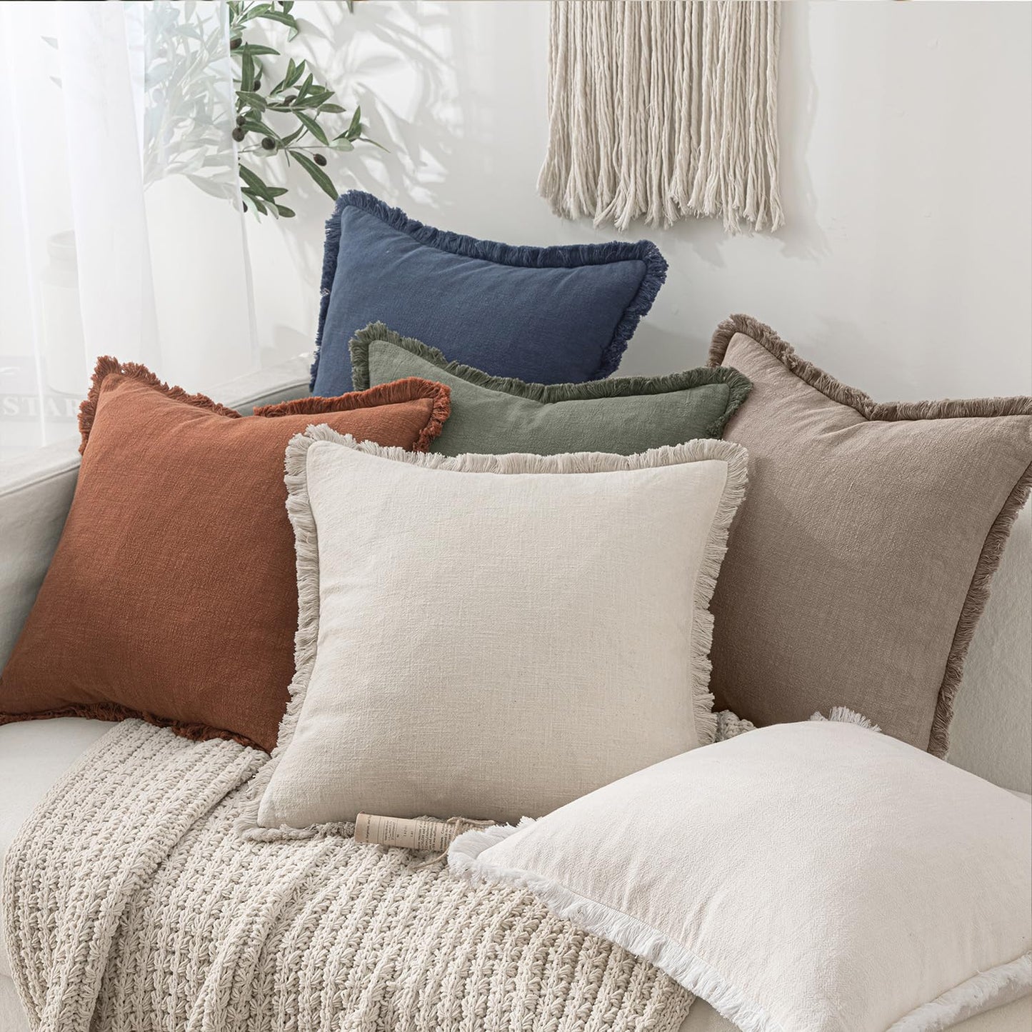 MIULEE Decorative Throw Pillow Covers Neutral Linen Fringe Throw Pillows Euro Shams Set of 2 Dune Boho Farmhouse Cushion Covers for Couch Sofa Bed Living Room Spring Home Decor 24x24 Inch