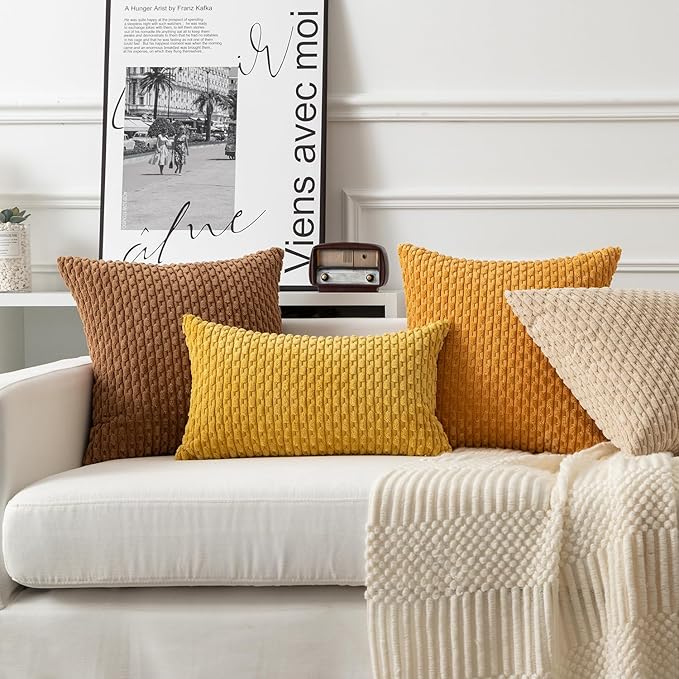 Kevin Textile Throw Pillow Covers Soft Corduroy Decorative Set of 2 Boho Striped Pillow Covers Pillowcases Farmhouse Home Decor for Couch Bed Sofa Living Room 20x20 Inch Golden Yellow