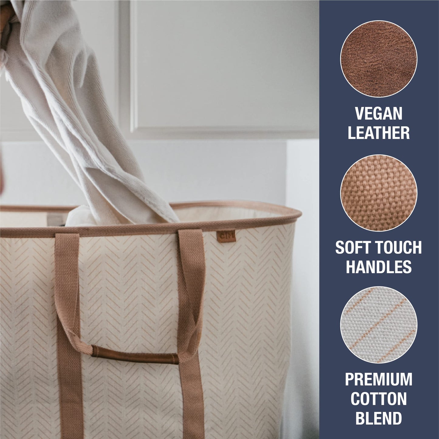 CleverMade Collapsible Laundry Tote 2-Pack (50L) – Foldable Carry-All Storage Bin for Laundry, Car Trunk, RV, Dorm & Home Organization – LUXE Cotton Blend with Vegan Leather Accents, Cream
