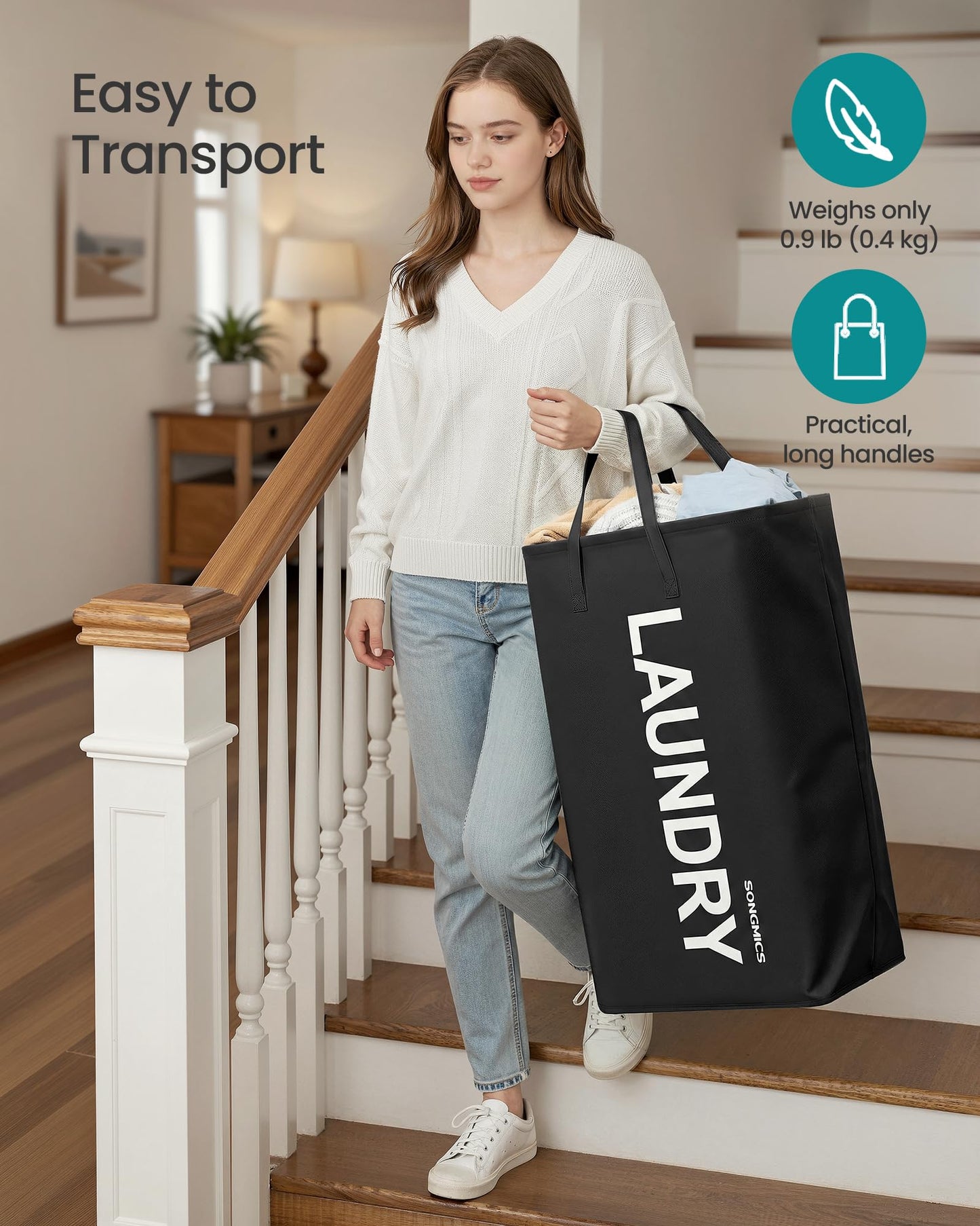 SONGMICS Laundry Hamper, 21.1-Gallon (80 L) Laundry Basket with Handles, Water-Repellent Storage Basket for Laundry Room, Bedroom, Bathroom, Foldable, Set of 2, Ink Black URLH002BH01