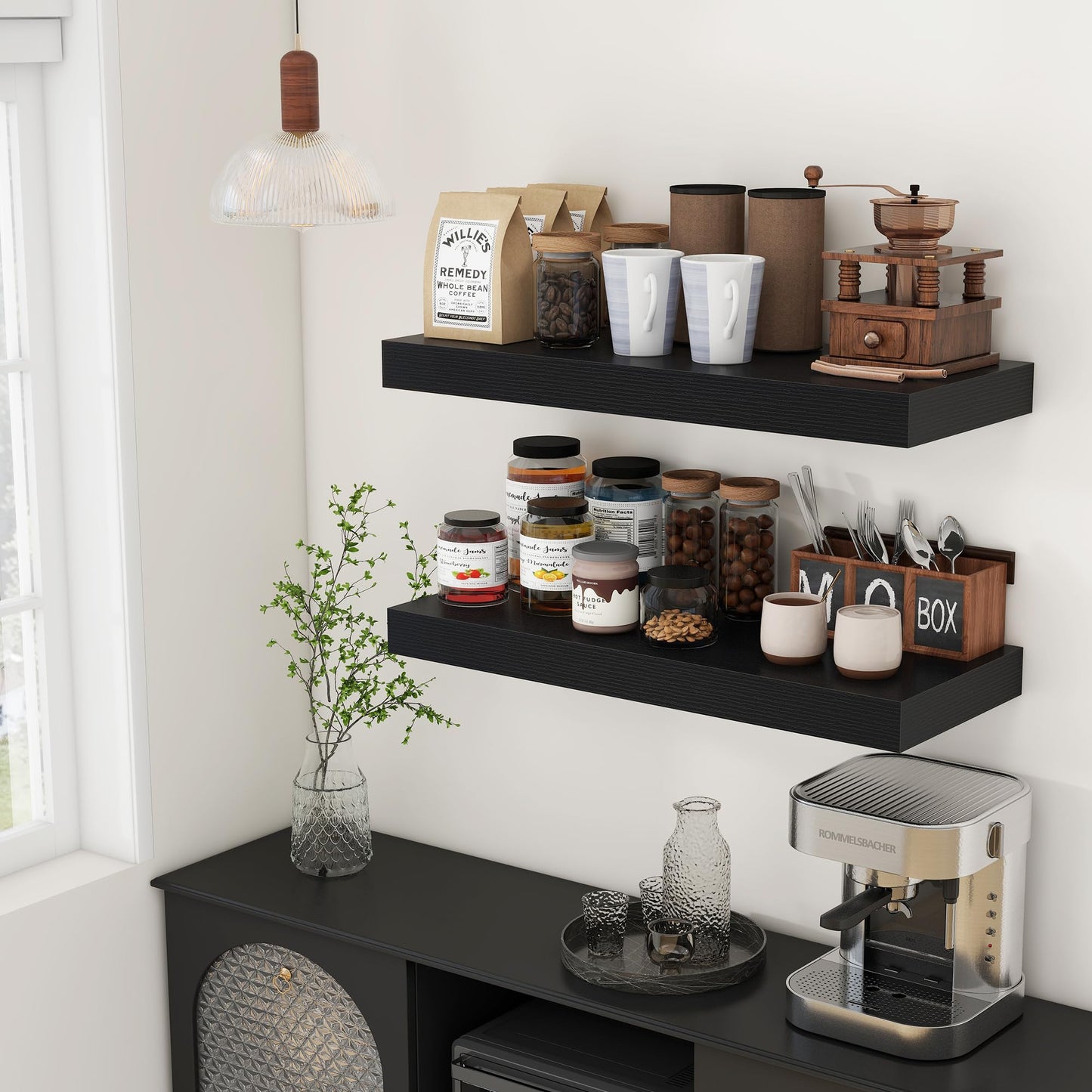 FLYJOE 30 Inch Floating Shelves | 12 Inch Deep Black Floating Shelves Set of 2 | 30" W x 12" D Rustic Wood Shelves for Wall | Deep Black Shelves for Living Room Bathroom Laundry Room Kitchen