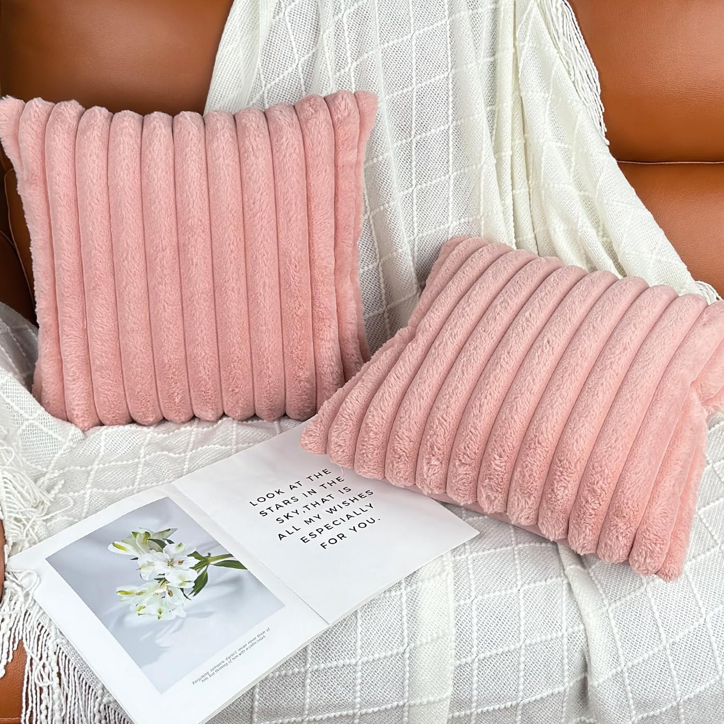 18x18 Throw Pillow Covers Set of 2, Decorative Faux Fur Covers for Bed, Couch Soft Fluffy Pillow Cover with Velvet Back for Living Room, Neutral Home Décor Accent for Sofa - Pink