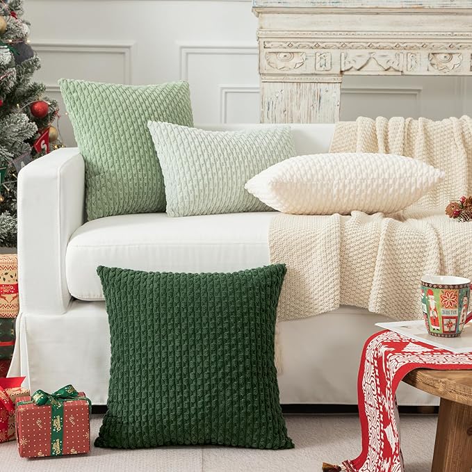 Kevin Textile Pillow Covers Decorative Set of 2 Striped Corduroy Plush Velvet Pillowcases Boho Cushion Cover for Couch 18x18 Inch Cream