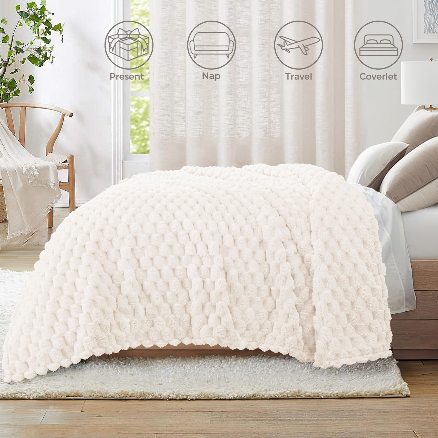 Whale Flotilla Fleece Queen Size Bed Blankets, Luxury Super Soft Lightweight Breathable Summer Bedspread Coverlet, 3D Jacquard Cozy Fluffy Plush Decorative Blanket for Bed, 90x90 Inch, Ivory