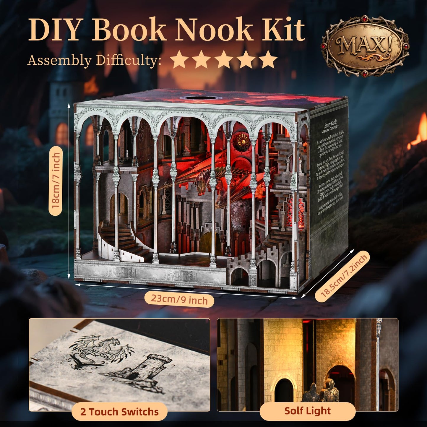 CCCDF Ember Castle DIY Book Nook Kit, 3D Wooden Puzzle Miniature Dollhouse Bookend with LED Light, Bookshelf Decor for Teens Adults
