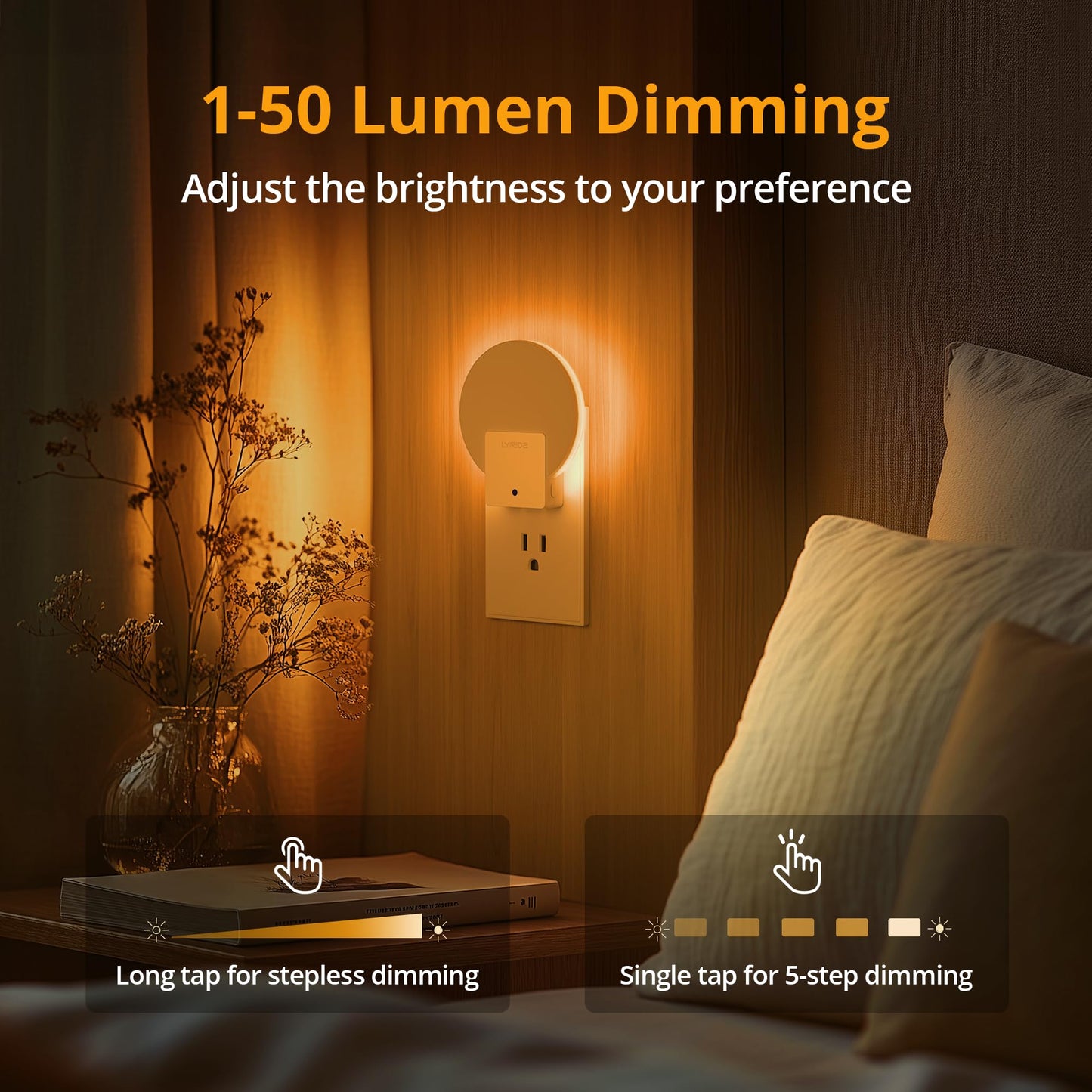 Lyridz Amber Plug in Night Light with Dusk to Dawn Sensor, Dimmable LED Light Sensor Nightlights for Bathroom, Hallway, Stairs, 4 Packs