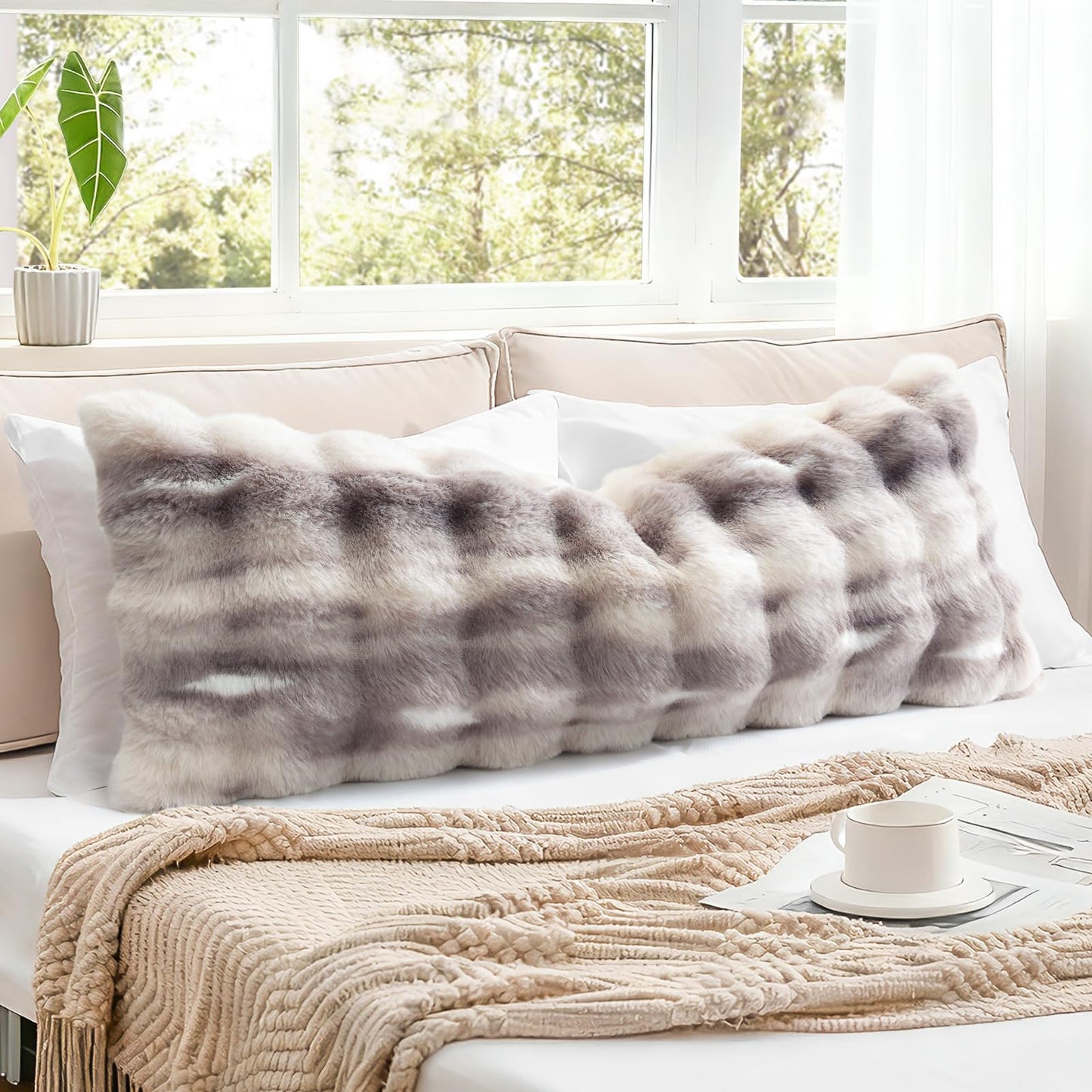 OTOSTAR Set of 1 Plush Throw Pillow Cover 14x36 Inch Soft Decorative Fluffy Faux Fur Pillowcase Cushion Cover for Couch Sofa Bedroom (Grey Taupe)