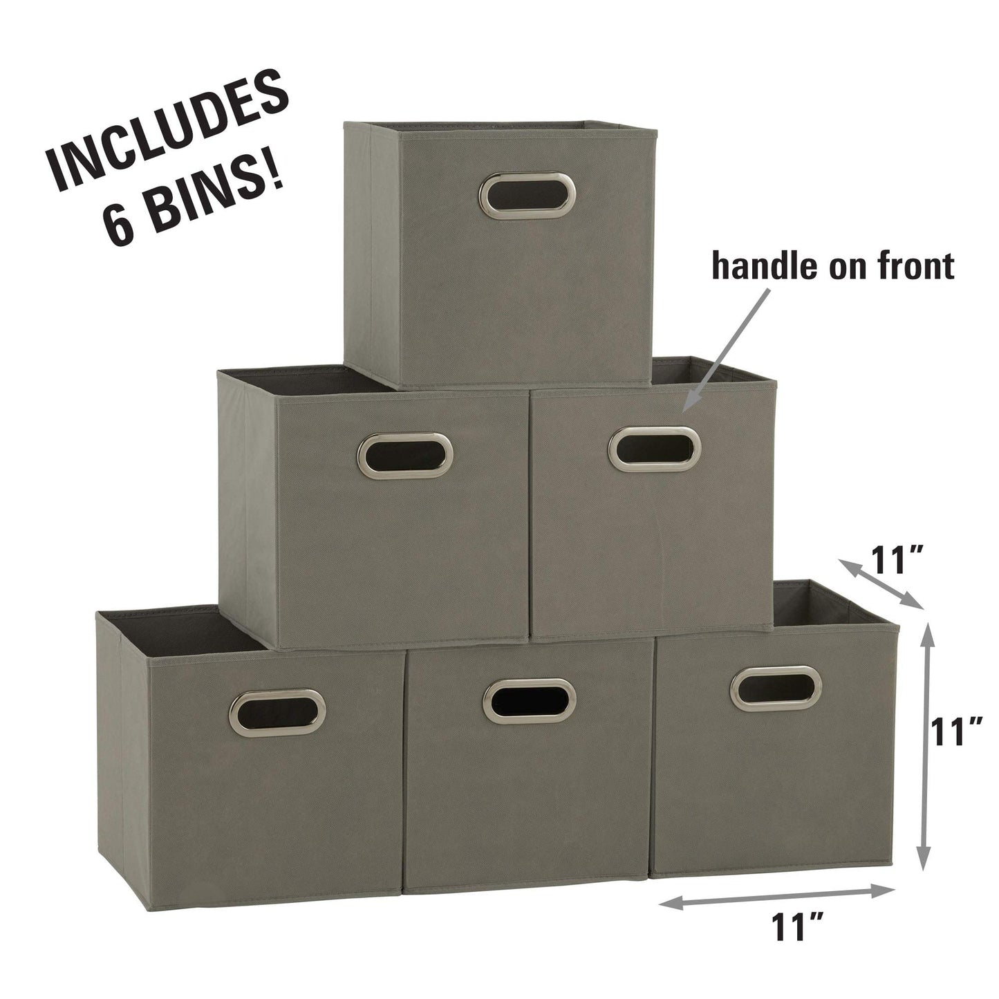 Household Essentials Fabric Storage Bins in Strong Poly‑Woven Fabric, Sturdy Chipboard Sides, Grommet Front Handle, Dove Gray Finish, Set of 6