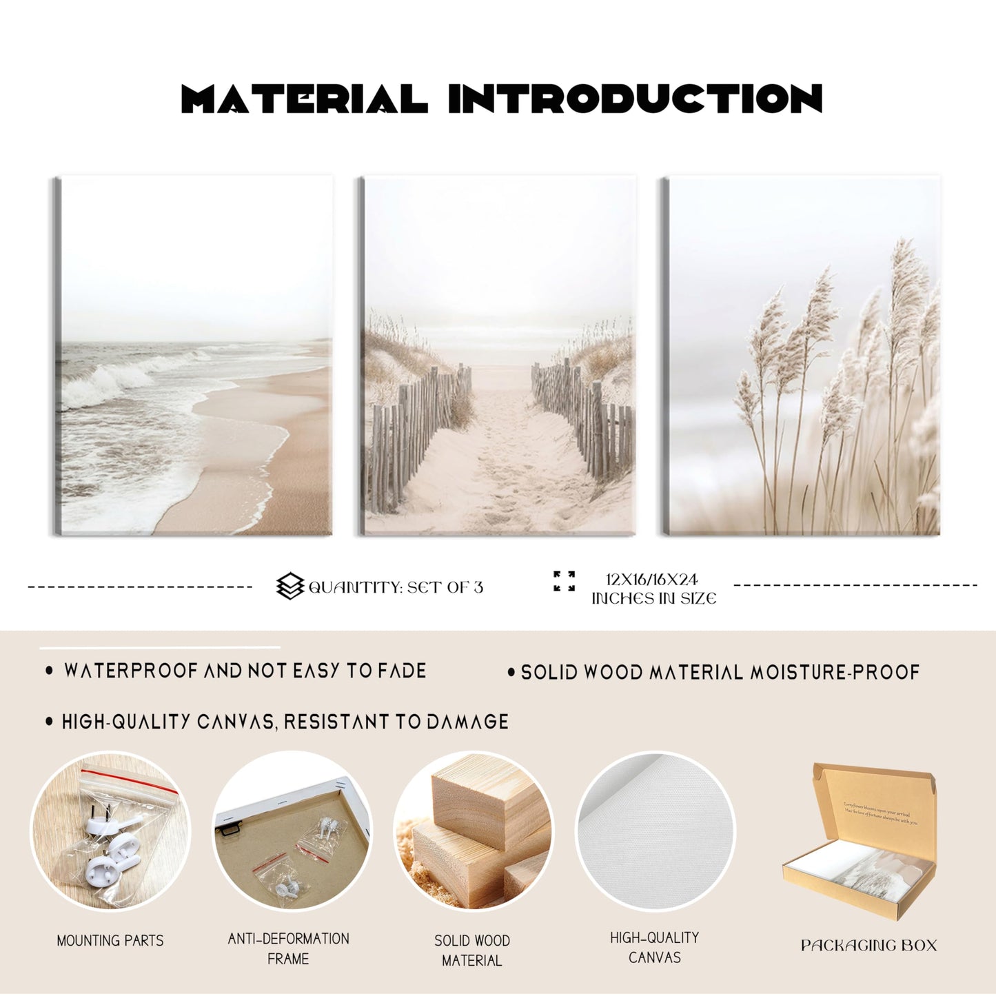 Framed Beach Canvas Wall Art Set of 3, Boho Coastal Nature Landscape Wall Decor Paintings, Ocean Beach Pampas Grass Artwork Prints Pictures for Living Room Bedroom Home Office 16x24 Inch