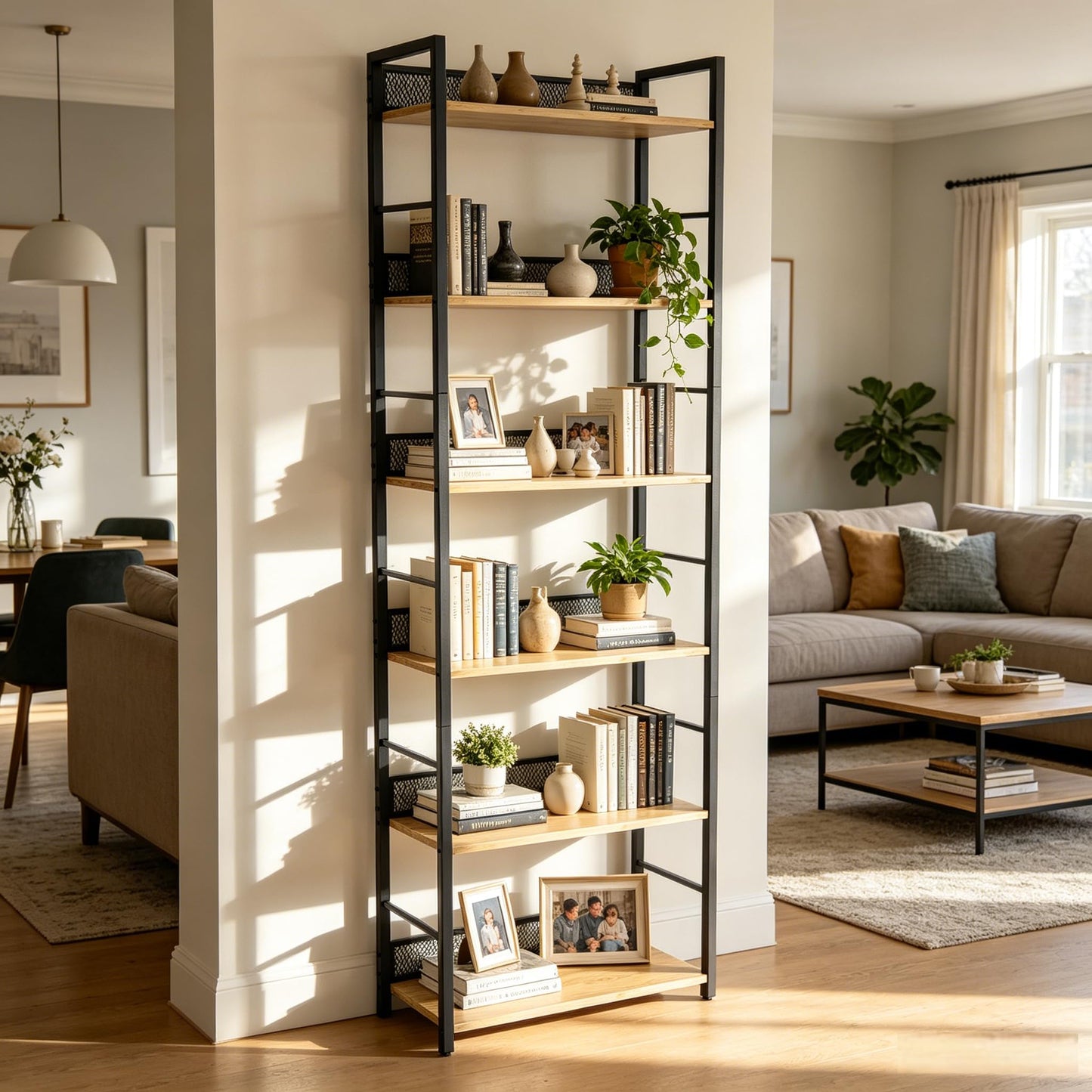 6 Tier Bookshelf，Tall Narrow Bookcase with Metal Guard Panels, Industrial Wood and Metal Display Shelf, Freestanding Storage Rack for Bedroom, Living Room, Home Office，Matte Black， Rustic Brown