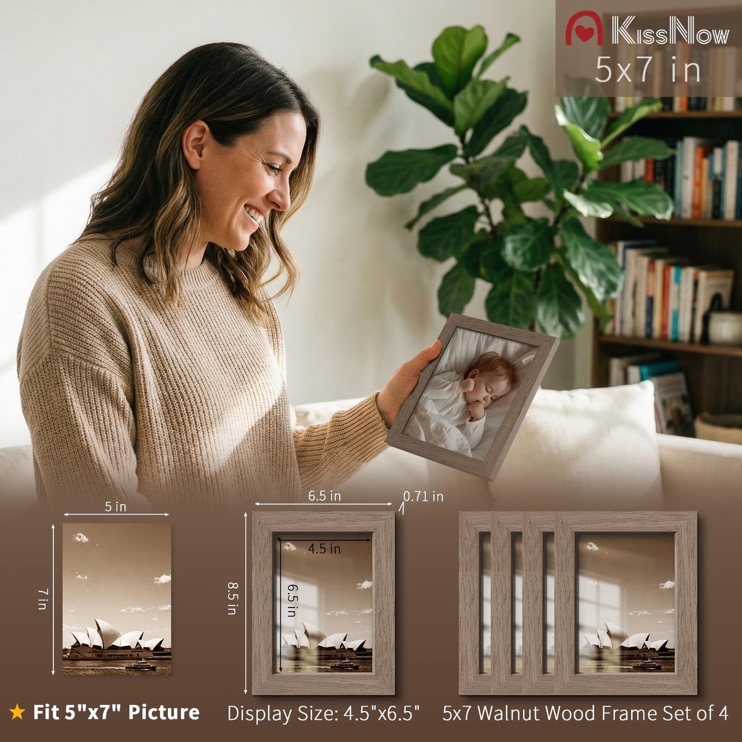 KissNow 5x7 Picture Frame 4 Pack, Walnut Wood 7x5 Frame, Tempered Glass, Vertical or Horizontal Tabletop Display for Photos & Art Prints