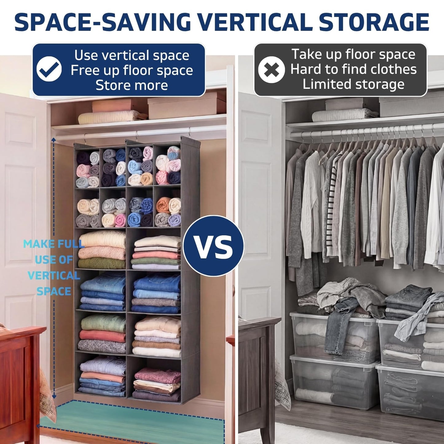 Ofiray-home 6 Tier Hanging Closet Organizer, 16 Compartments Sweater Organizer for Closet with 3 Sturdy Hooks, Closet Organizers and Storage, Wardrobe, Rv, Garment Rack, Grey