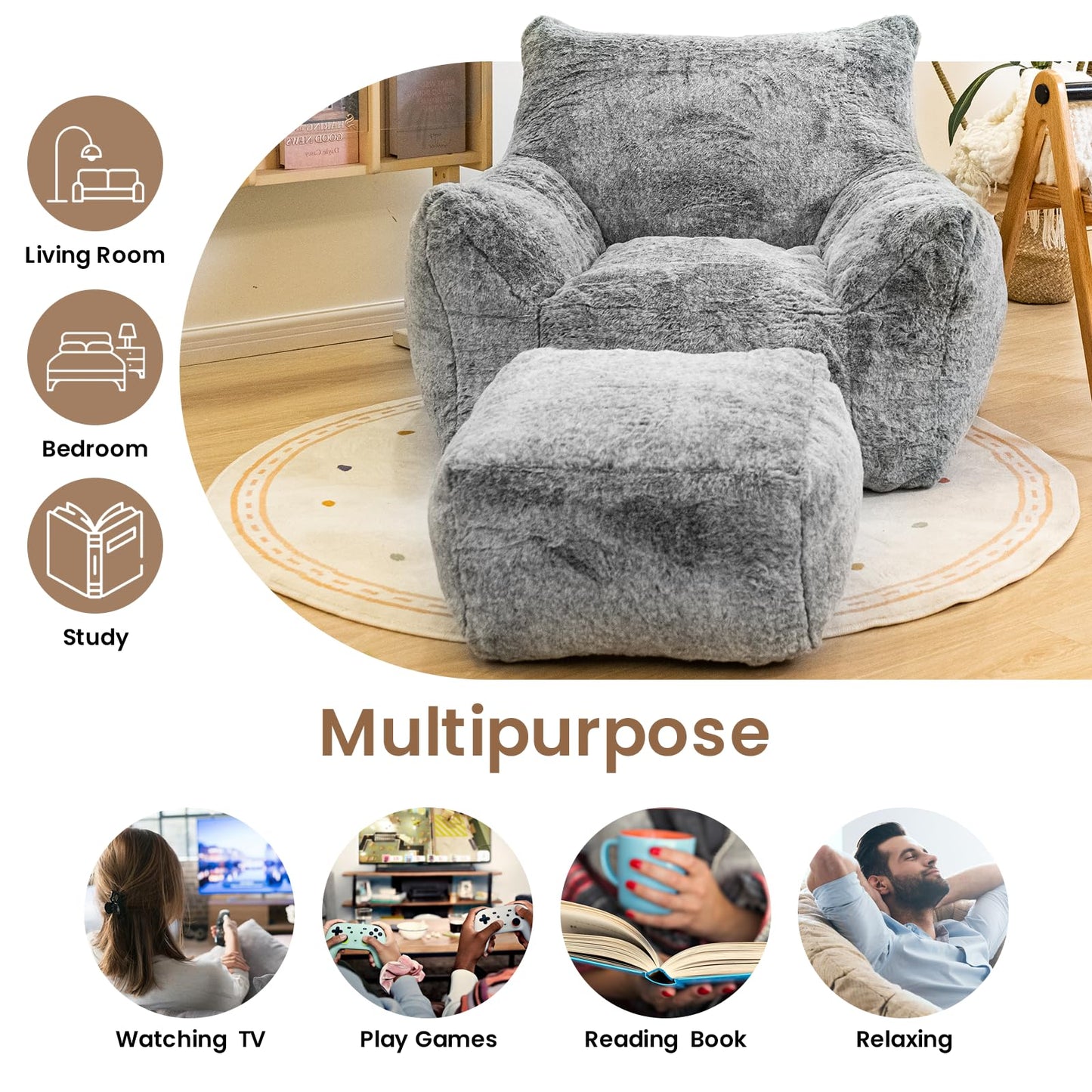 Cvortll Bean Bag Chair with Ottoman, Armrest Bean Bag Chairs with Filler, Ultra Soft Fluffy Faux Fur Bean Bag Chair with Foot Rest, Plush Lazy Sofa with Foot Stool for Living Room, Dorm