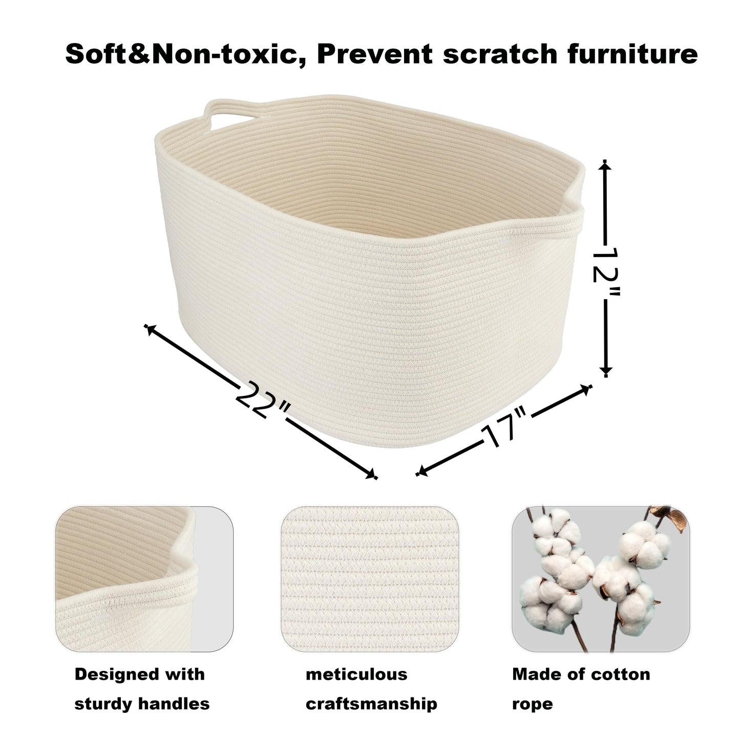XUANGUO Large Rectangle Blankets Basket Living Room 22"x17"x12" Woven Cotton Rope Storage Baskets for Nursery Toy Baskets for Kids and Dogs Laundry Basket Bin for Clothes Towels white