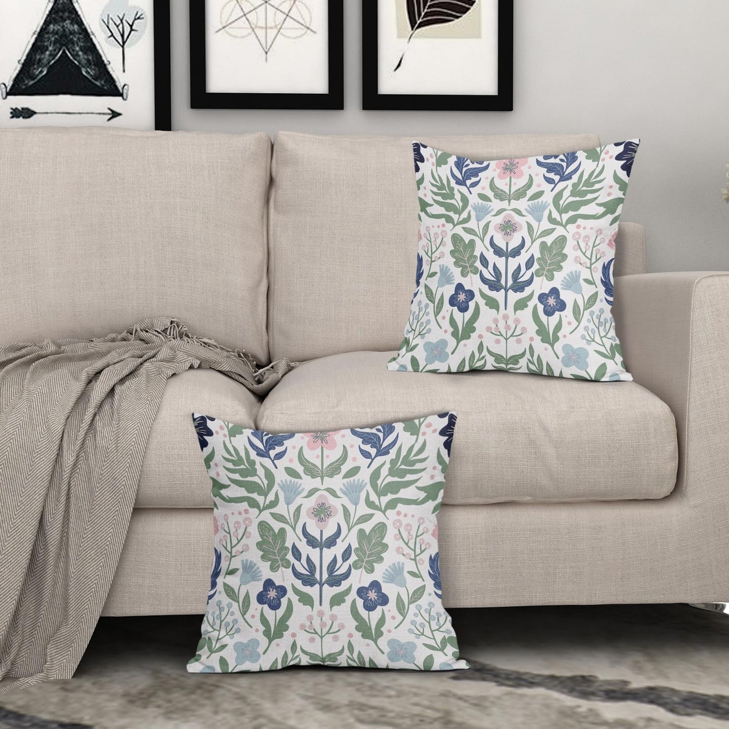 Blue Green Floral Pillow Covers 18x18 Set of 2 Navy Pink Sage Flower Flower Block Print Decorative Throw Pillowcases Outdoor Spring Summer Farmhouse Cushion Cases Decor for Home Couch Sofa Bed