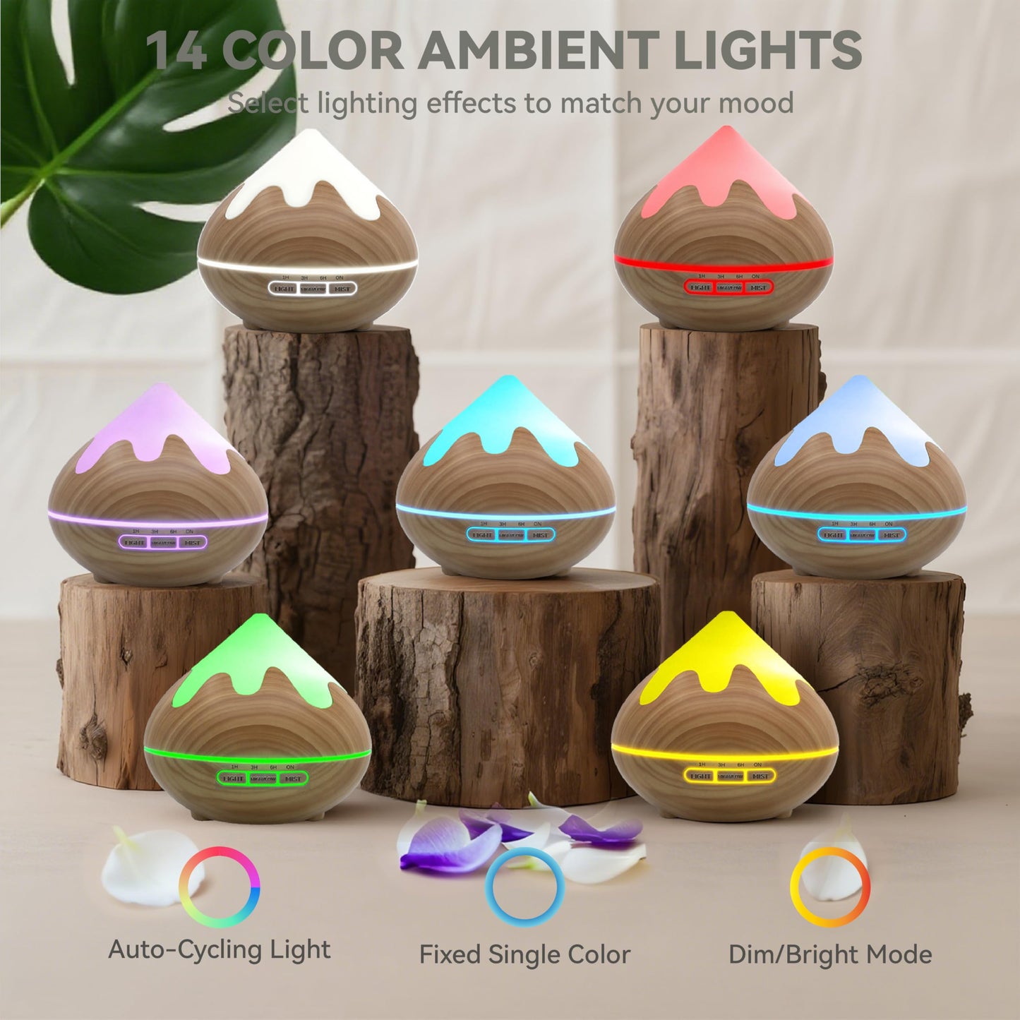 GLOXA 500ML Essential Oil Diffuser, Aromatherapy Diffuser with Remote Control, Multifunctional Air Diffusers for Home Office Room, Fragrance Aroma Diffuser with 7 Color LED & 2 Mist Mode, Brown