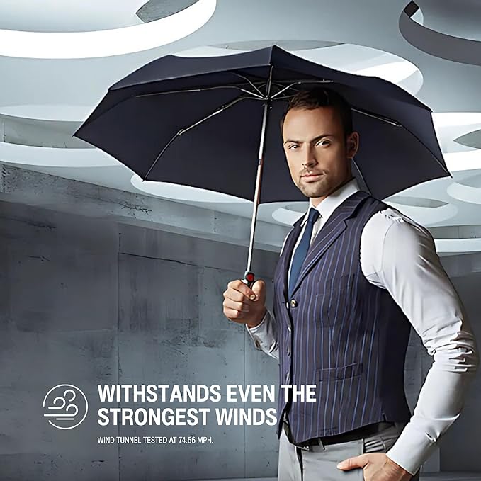 Knirps T.200 Duomatic Compact Rain Umbrella in Pure Black– Wind Tunnel Tested to 93 mph, Aluminum Steel Fiberglass Frame, 38in Canopy, OEKO-TEX, High-Performance Automatic Travel Umbrellas