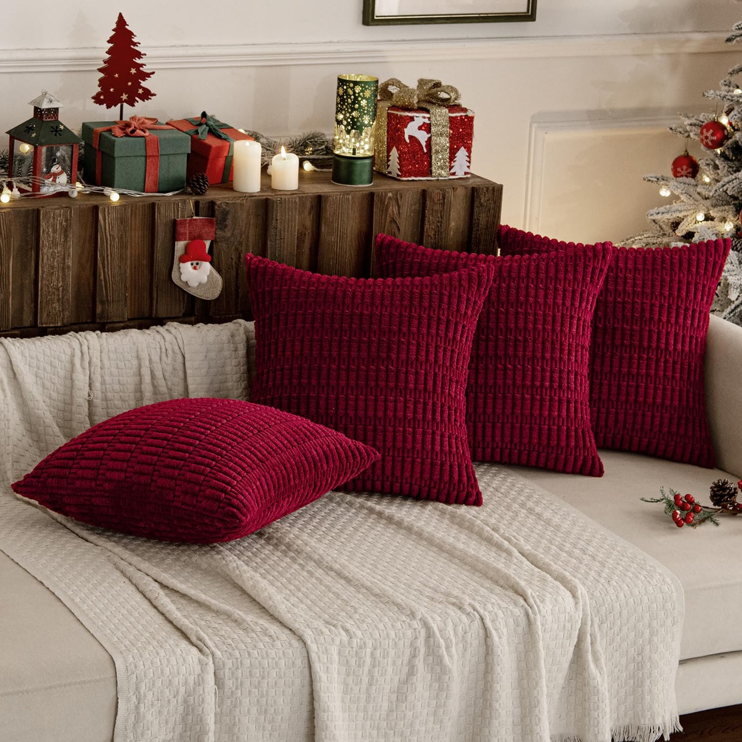 MIULEE Pack of 4 Christmas Wine Red Corduroy Decorative Throw Pillow Covers 18x18 Inch Soft Boho Striped Pillow Covers Modern Farmhouse Home Decor for Sofa Living Room Couch Bed