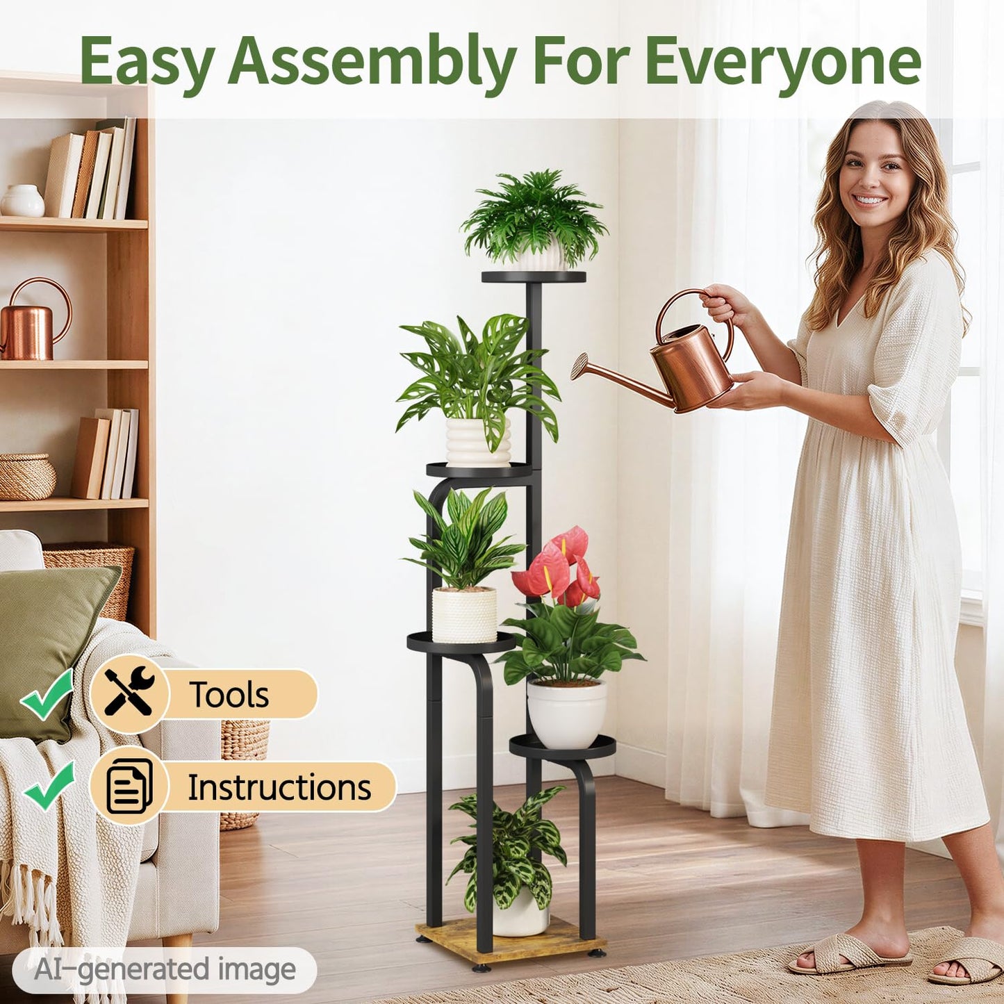 LASZOLA 5 Tiered Plant Stand Tall for Indoor Corner, Modern Multiple Flower Display Rack with Metal Tray, Vertical Planter Shelf for Living Room Bedroom Patio Garden Balcony, Black