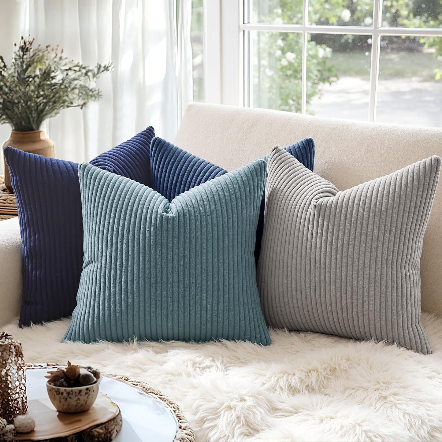 MIULEE Decorative Corduroy Pillow Covers Soft Solid Pack of 2 Cushion Cases Boho Square Throw Pillow Covers Navy Blue Coastal Pillowcases for Couch Chair Sofa Bed Living Room Home Decor 18 x 18 Inch