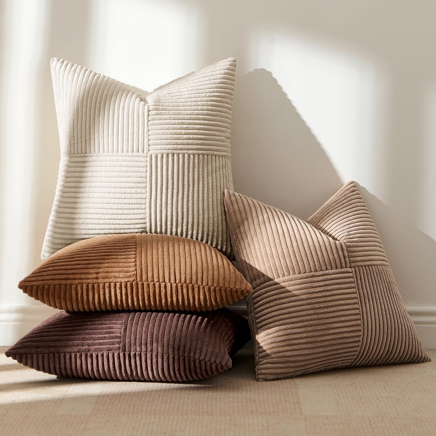ANRODUO Pack of 4 Decorative Throw Pillows for Couch Gold Brown 18x18 Inch Boho Cozy Soft Corduroy Cushion Covers Farmhouse Accent Pillowcases for Mid Century Summer Home Decor Sofa Bed Living Room