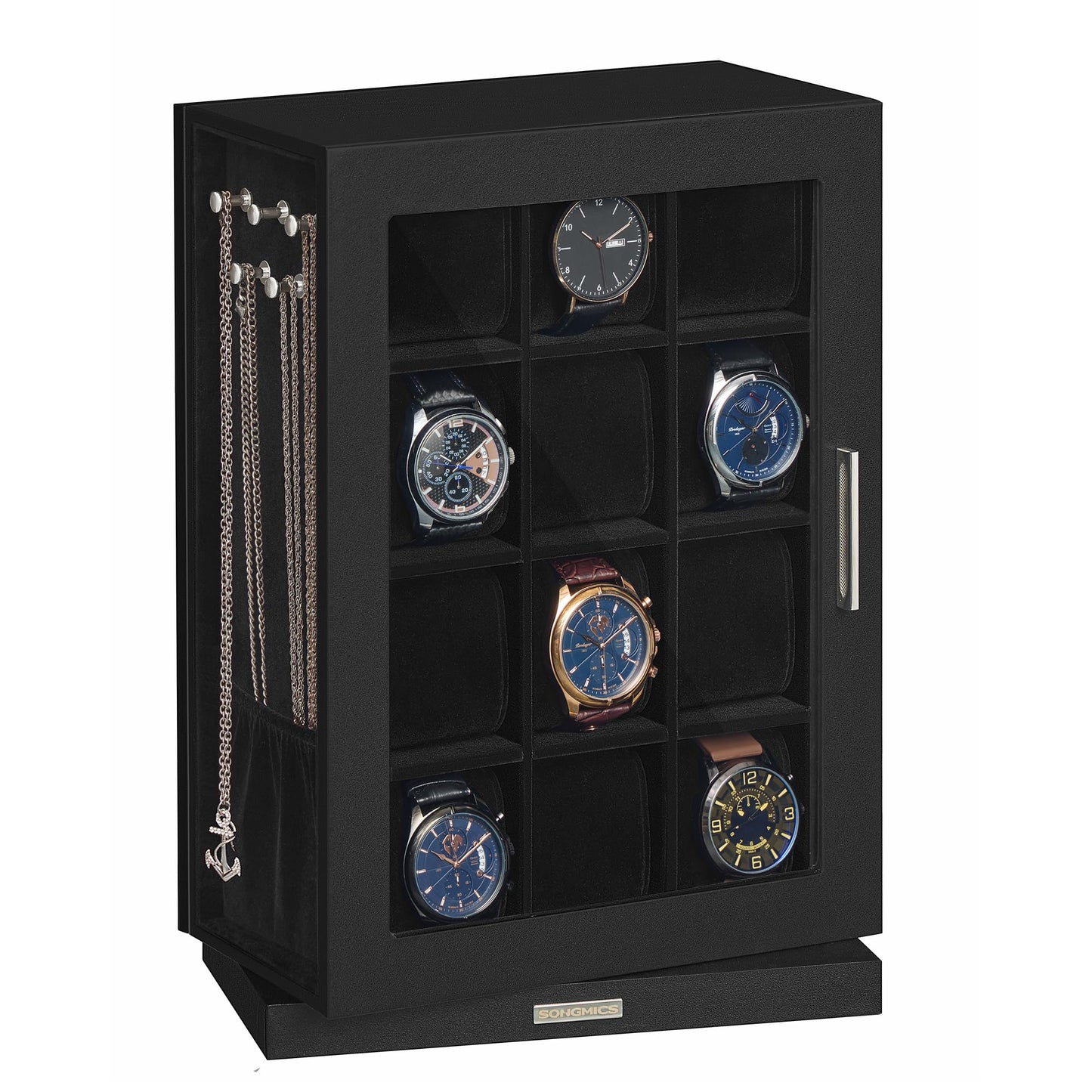 SONGMICS Watch Box 12 Slots with Glass Windows, 360° Rotating Vertical Watch Display Case, Jewelry Sunglasses Ring Storage, 10 Necklace Hooks, Removable Pillows, Velvet Lining, Ink Black UJWB028B01