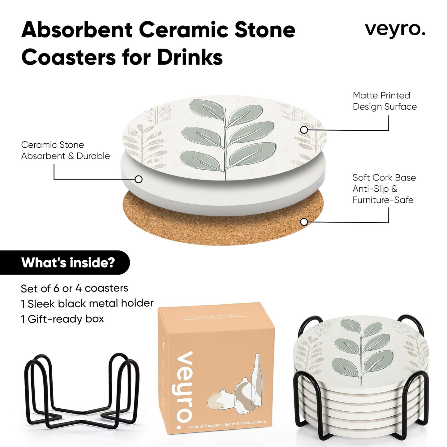 VEYRO Ceramic Coasters Set of 6 – Absorbent Stone Drink Coasters with Holder, Non-Slip Cork Backing, Modern Marble Look Coasters for Coffee Table, Desk & Home Decor