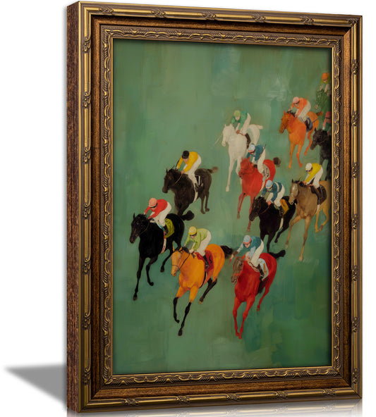 Vintage Gold Framed Horse Racing Wall Art, Retro Equestrian Oil Painting Canvas Prints, Colorful Race Horses and Jockeys Wall Decor, Modern Equestrian Print Artwork for Living Room Bedroom Office Home Decor, 9x11in