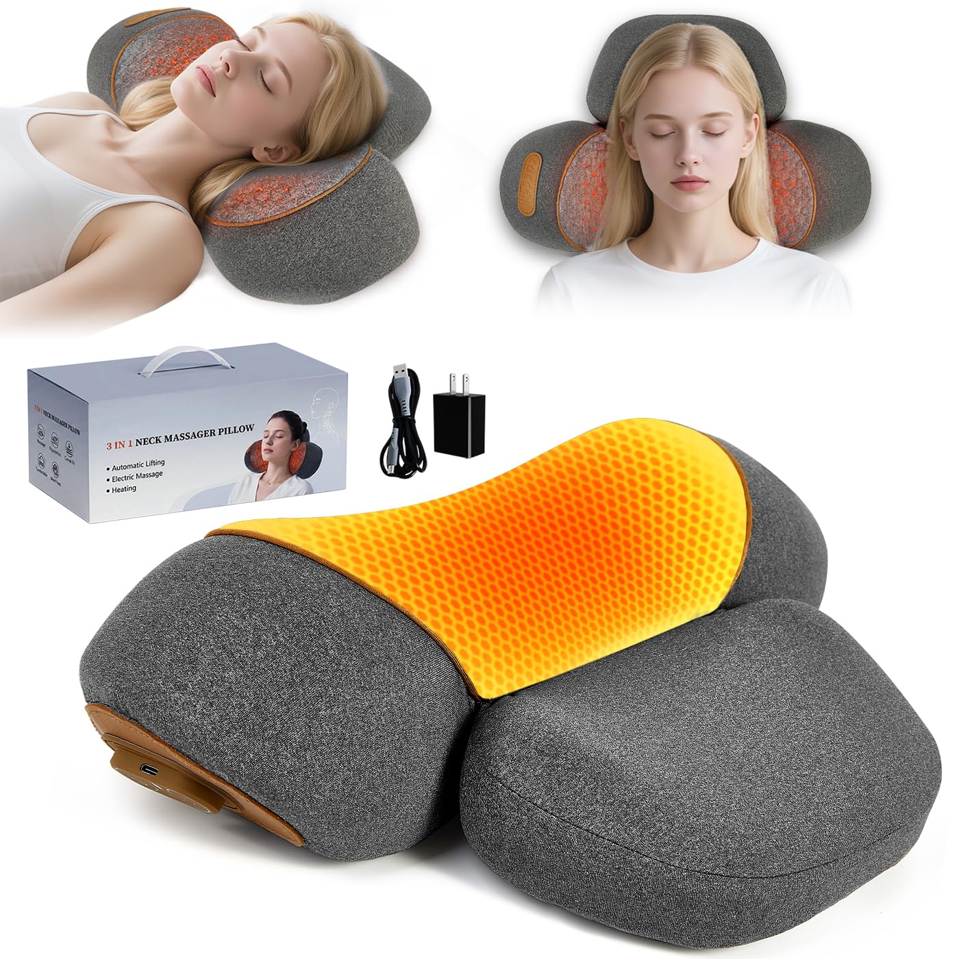 Cordless Electric Neck Massager Pillow for Pain Relief Deep Tissue, 3-in-1 Rechargeable Neck Cervical Traction Device with Heat, Massage, Stretch, Ergonomic Neck Shoulder Relaxer Gifts for Women