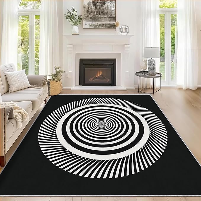 Black and White Circle Rugs for Home Decor, 6x9 ft, Abstract Op Art Area Rugs for Living Room, Soft Non Slip Washable Modern Geometric Carpet Bedroom Decorations Dt-Ghf-31