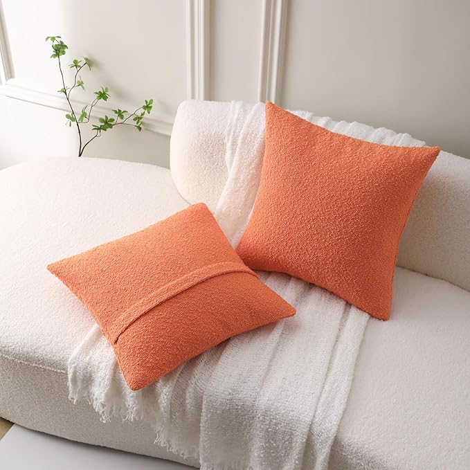 FUTEI Pack of 2 Orange Decorative Throw Pillow Covers 16x16 Inch Soft Cozy Solid Boucle Textured Cushion Case,Modern Home Decor for Couch Bed Living Room