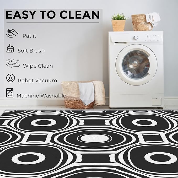 Black and White Geometric Rugs for Home Decor, 4x5 ft, Ring Circle Area Rugs for Living Room, Soft Non Slip Washable Modern Abstract Carpet Bedroom Decorations Dt-Ghf-31